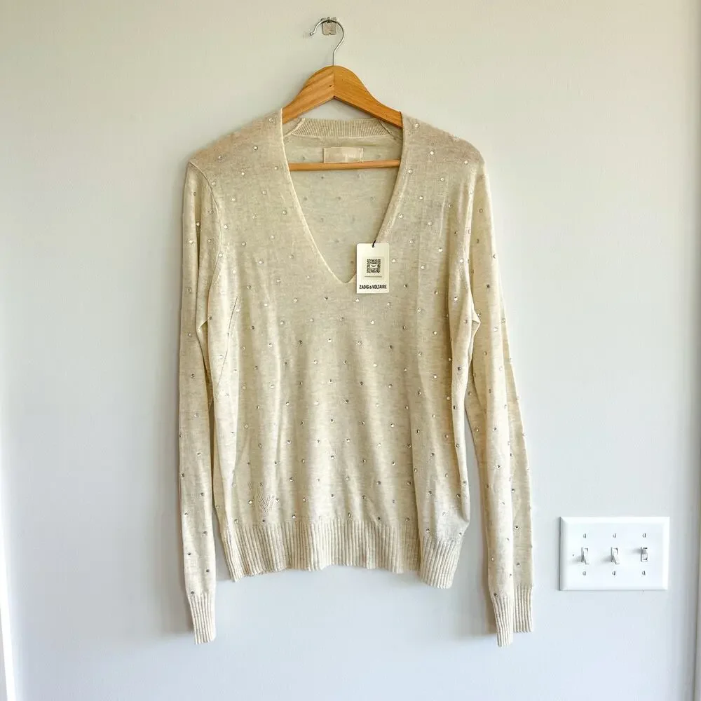 Zadig & Voltaire Elya Strass Embellished Cashmere Pullover Sweater Cream L NWT - Picture 2 of 10